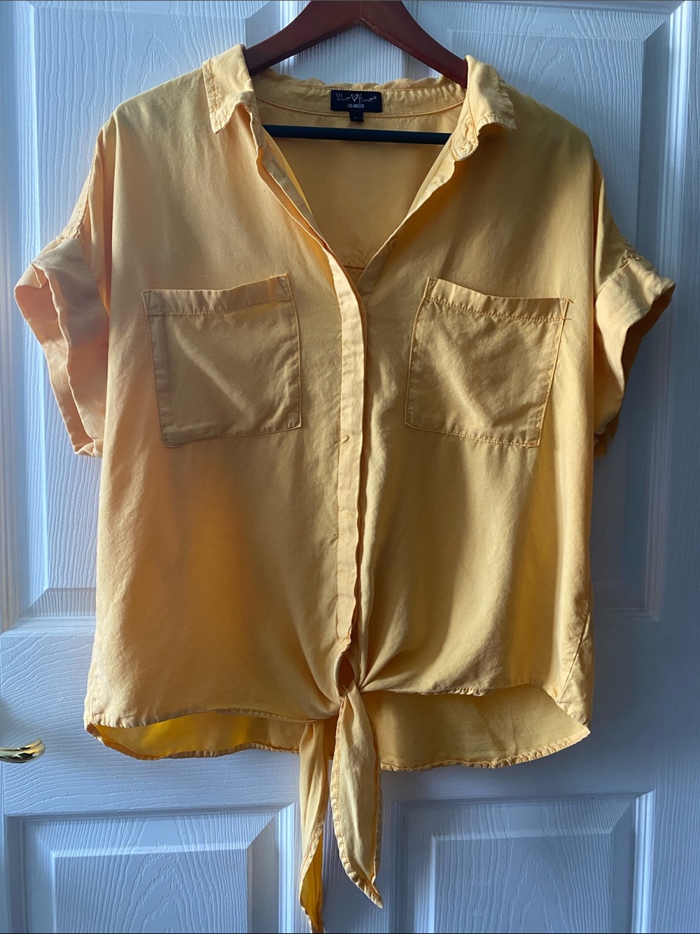 Velvet Heart Yellow Tie Front Short Sleeve Tencel Women's Button up Blouse L